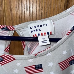 LIBERTY PARK DRESS -M-SHIFT~GRAY W/AMERICAN FLAGS~SLEEVELESS~STRETCH