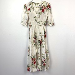 Boho Floral Midi Dress Women&rsquo;s White Red Green Smocked Waist Button Front Tassel