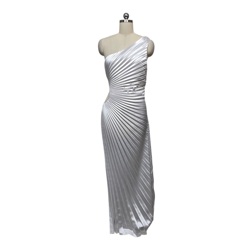 Delfi Collective Silver One Shoulder Pleated Cutout Maxi Dress Size Med USA Made