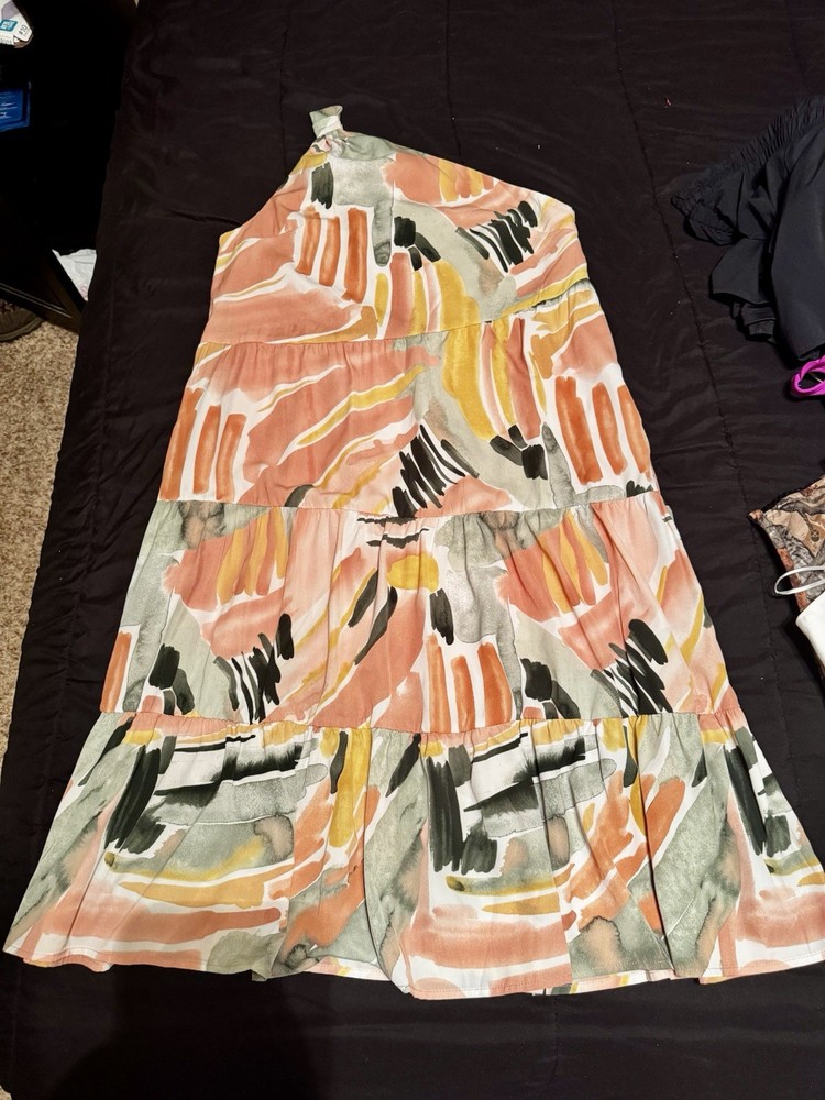 Shop The Mint NWT One Shoulder Tiered Midi Dress Sz L Abstract Print Resort Boho