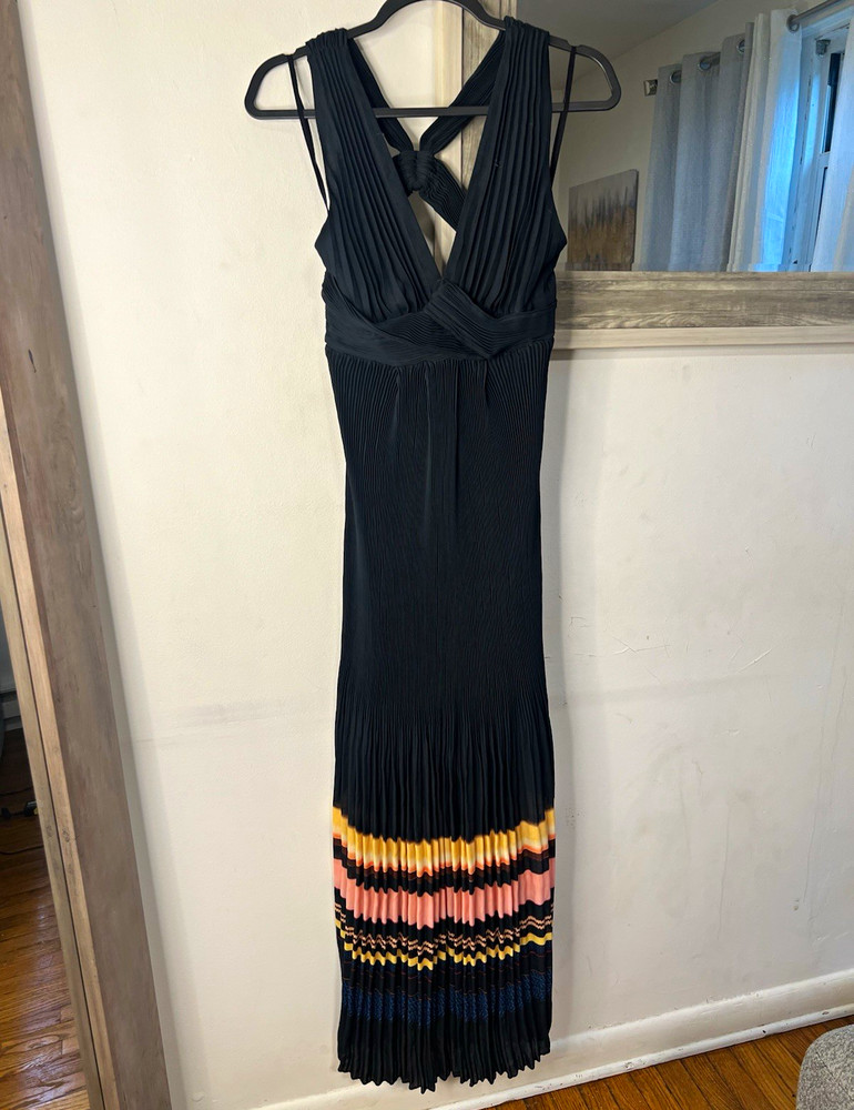 A.L.C. Black Pleated V-Neck Cross Strap Striped Maxi Dress Polyester Size 0