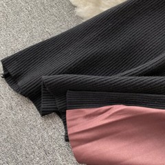 Lady Slim Knitted Midi Dress Pleated Black Long Sleeve Swing Gradient Casual