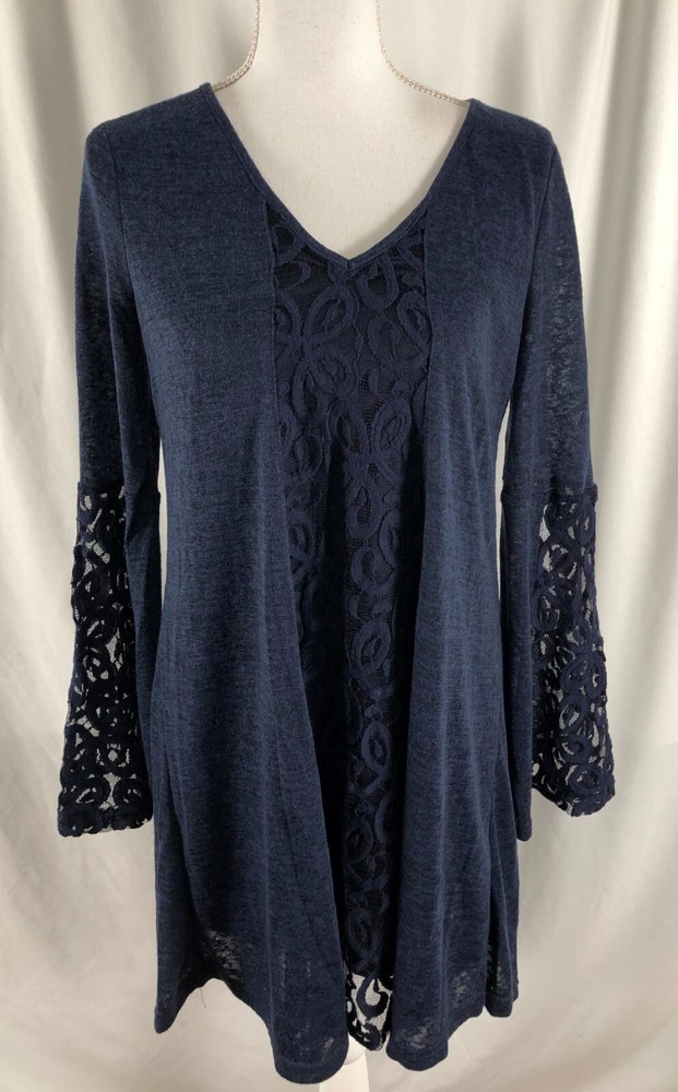 New Francescas Dina Be Dress Long Top Lined Navy Blue Lace Polyester Nylon Small