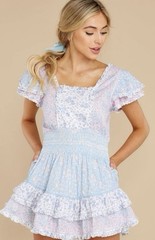 New LoveShackFancy Women&rsquo;s Stanton Ruffle Smocked Floral Blueberry Mini Dress S