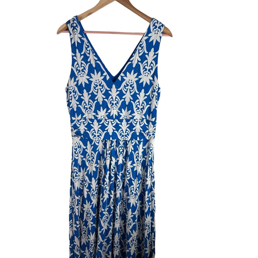 Boden Blue White Damask Floral Jersey Sleeveless Maxi Dress Sz 12R Ankle Length