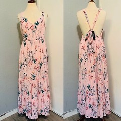 New Lulus Pink V-Neckline Floral Printed Pleated Tie-Back Midi Dress Size Large