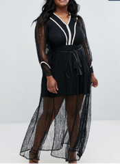 ELVI BLACK LONG SLEEVE W/ BELT LINED PREMIUM LACE MAXI DRESS Sz US10 / UK14