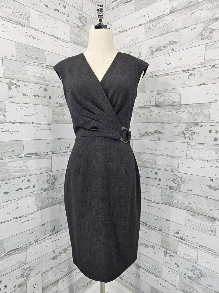 Calvin Klein Womens 4 Sleeveless Charcoal Gray Wrap Style Dress Buckle Detail