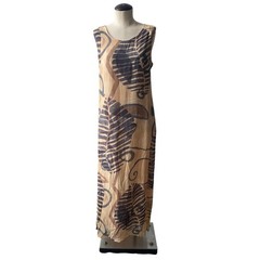 Vtg 90s Earthy Botanical Sleeveless Maxi Dress Tan Gray Boho Minimalist Sz M