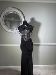 ESSEJEFFE Black Beaded Ruched Evening Gown Rhinestone Pearl Cap Sleeve Size 42
