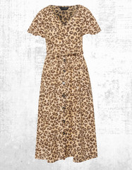 Ex Women’s Leopard Print Frill Sleeve Midi Dress in Beige Brown (A Bit Defect)