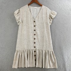 Lucca Mini Dress Womens Small Cap-Sleeve V-Neck Button Front Polka Dot Off-White