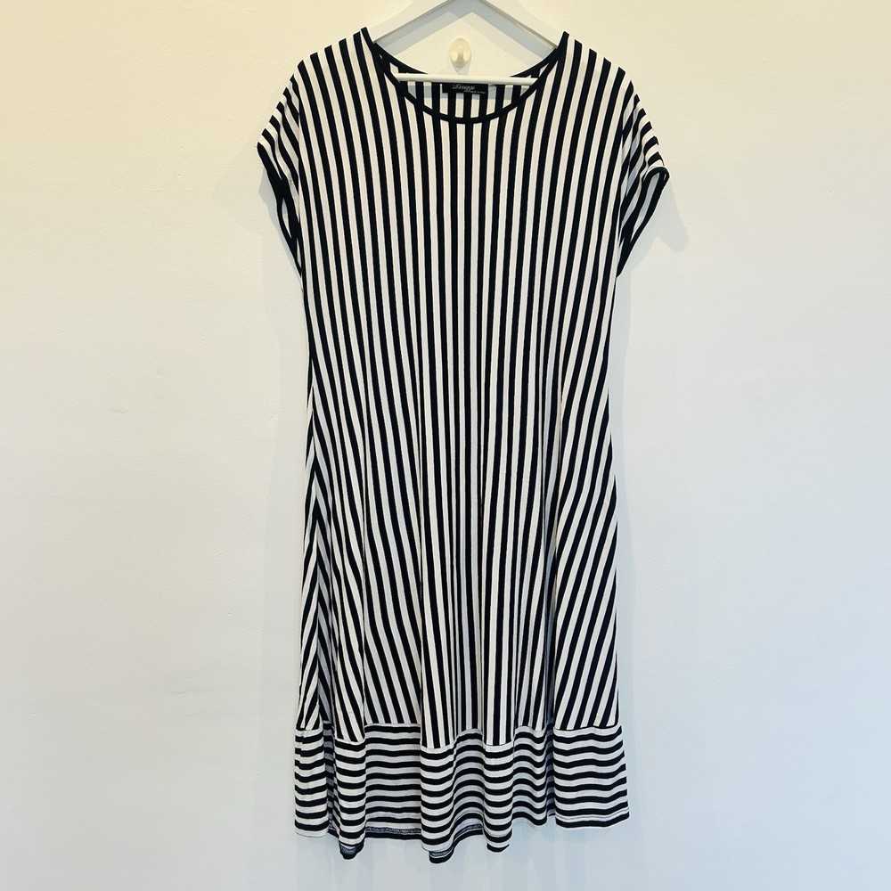 Lewggi Dress Womens One Size Black White Striped Short Sleeve Midi Casual