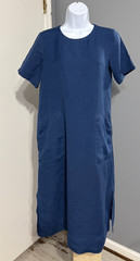 Eileen Fisher Shift Dress Linen Tencel Blue XXSMALL Short-Slv Pockets Lagenlook