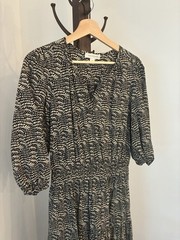 Treasure And bond Maxi Dress Tiered 3/4 Sleeve Cotton Poplin Beige Print Small
