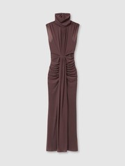 Grey Brown Pleated Sleeveless Ball Gown with High Neck and Pleated Evening Dress