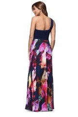XSCAPE One-Shoulder Mixed-Media Chiffon Gown Women&rsquo;s 8 Navy/Fuchsia Back Zip