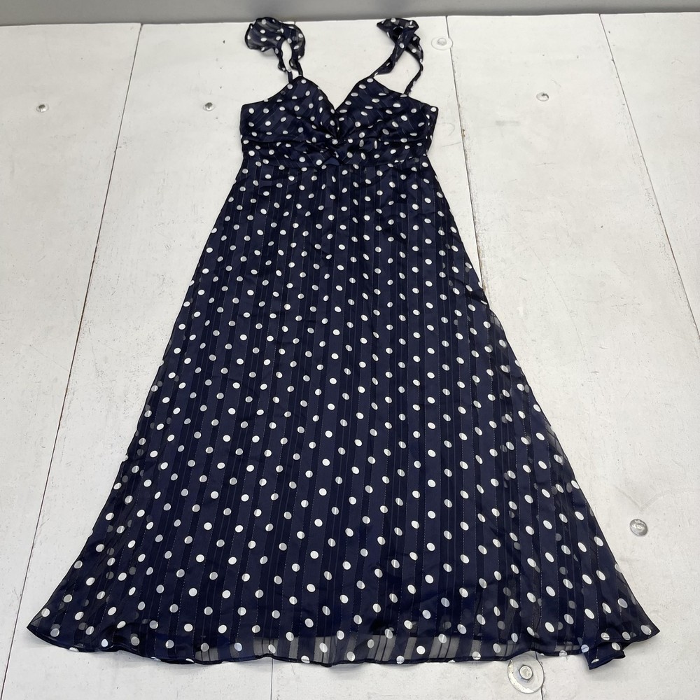 Dee Elly Dress Womens XS Blue Polka Dot V Neck Midi Pleated Chiffon Sundress
