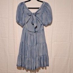 She + Sky Sz M Blue Tencel Denim Tiered Dress Square Neck Puff Sleeve Tie Back