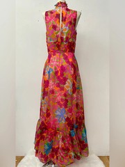 Vintage 60s flower power psychedelic A-Line maxi dress S/M chiffon mock neck