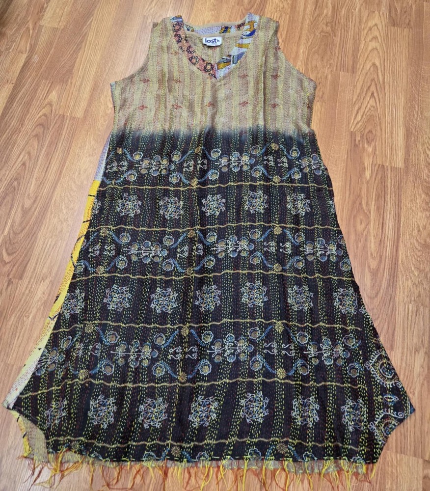 Lost in India 100% Silk Kantha Dress S/M Hand Stitched Boho India