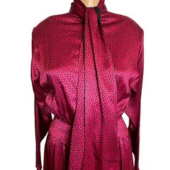 Albert Nipon Vintage Silk Pink Black Polka Dot Bow Tie Midi Shirtdress 2