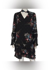 Parker black silk floral dress small ruffles neck tie long sleeve short cocktail
