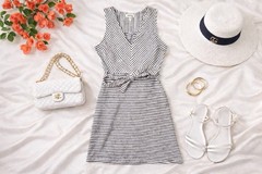 Striped Mini Dress Navy White Sleeveless Fit Flare Casual Summer Dress
