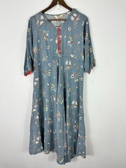 Tissu Floral Bird Print Midi Dress Blue Red Button Front 48 Large Boho Cottage