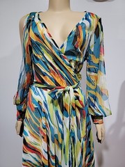 Spyzone Exchange Retro Style Sz S Chiffon Long Slit sleeve Multicolor Dress #CC