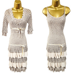 UK 8-10 KAREN MILLEN 1 VINTAGE BEIGE GOLD CROCHET KNIT FRILL DRESS & CARDIGAN