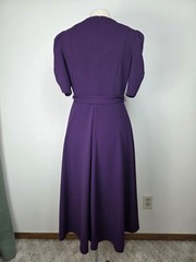 DKNY Women Size 8 Puff Ruched Sleeve Midi Dress Purple Tie Waist