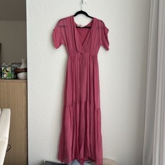 Scandal Made in Italy Pink Solid V-Neck Ruffle Maxi Dress Elastic Waist