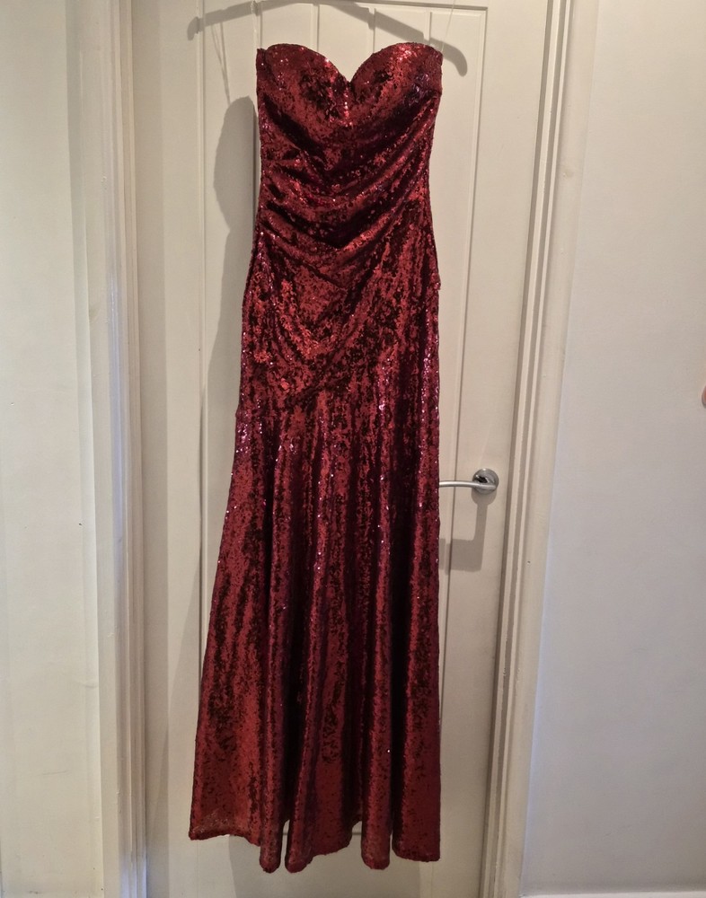 Goddiva Red Sequin Floor Length Evening Gown Prom Dress Size 12 Strapless