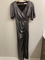 Eliza J Size 4 Metallic Black Gunmetal Shimmer Ruched Flutter Sleeve Maxi Dress