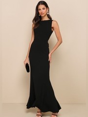 Lulus Exquisite Refinement Black Backless Bow Ruffled Maxi Dress Size L NWT