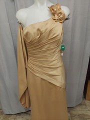 **Morilee Lt Camel Size10 Satinlook Pleated Sloped Frt. cocktail gown**