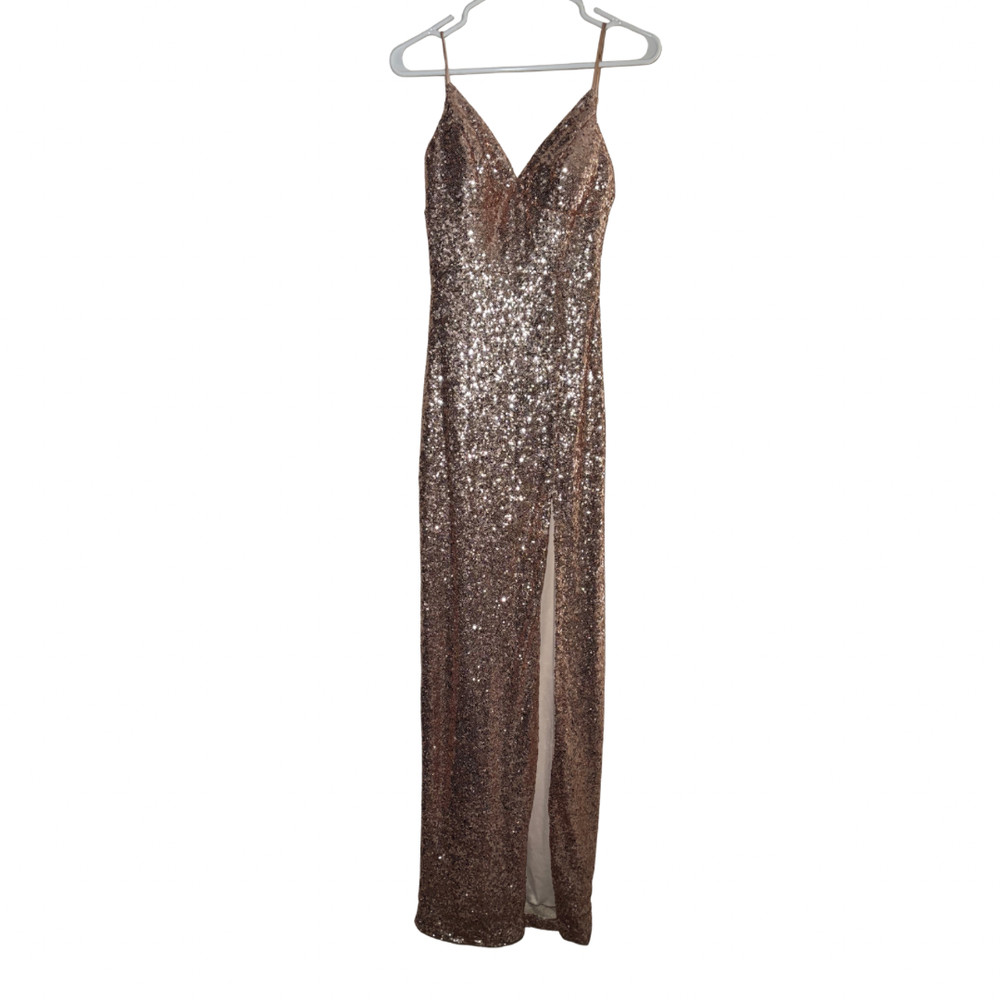 B Darlin Copper Sequin Spaghetti Strap Formal Gown Slit 5/6 Prom *Sm Flaw.