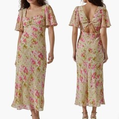 ASTR Tie Back Flutter Sleeve Open Back Cut Out Midi Dress in Lime Pink Floral L