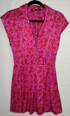 ZARA Floral Satin Effect Mini Dress Size Small V-Neck Elastic Waist Pink Red