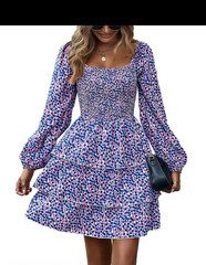 BTFBM Blue Pink White Floral Square Neck Smocked Puff Sleeve Ruffle Mini M
