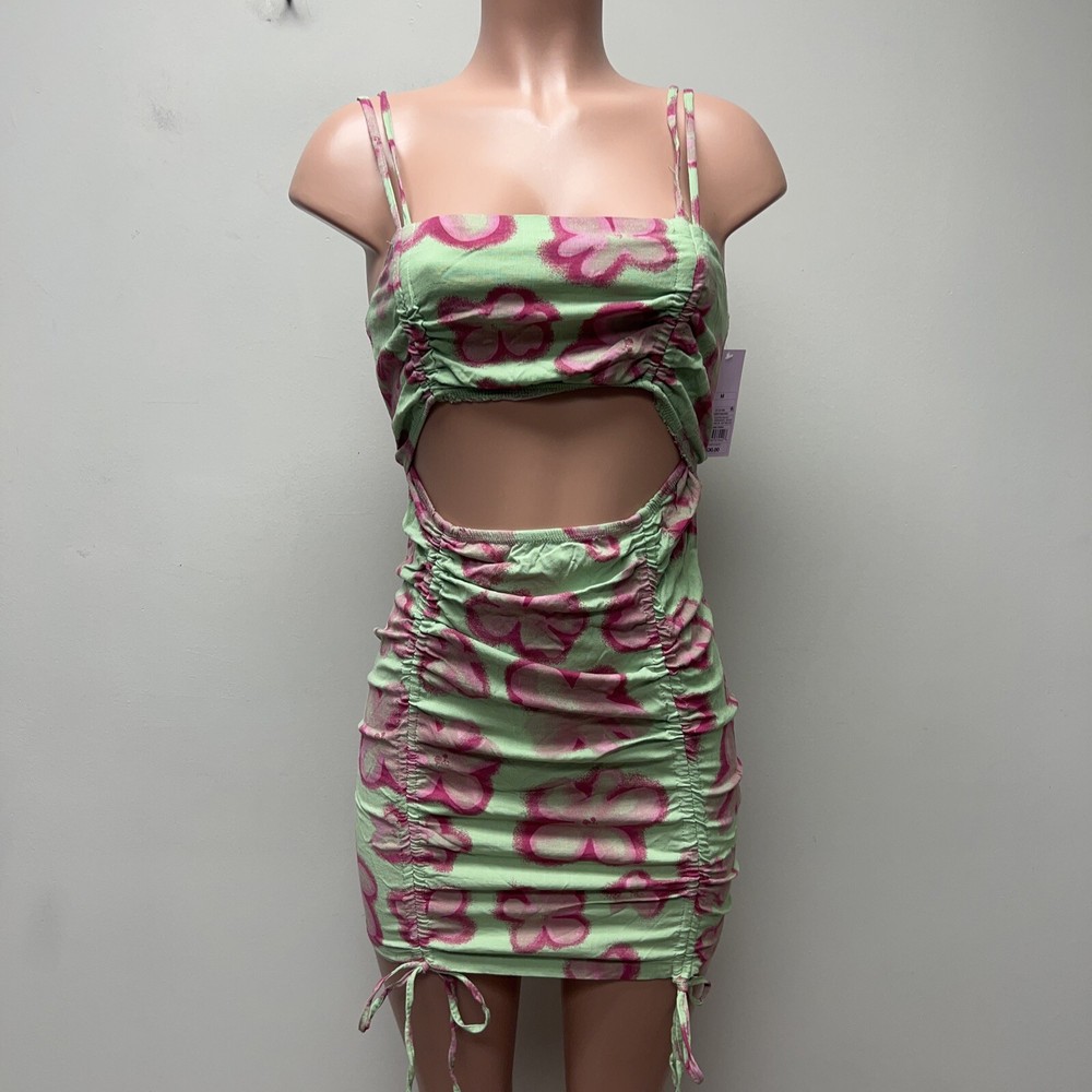 Wild Fable Womens Sleeveless Cut Out Ruched Front Bodycon Dress Green Pink M NEW
