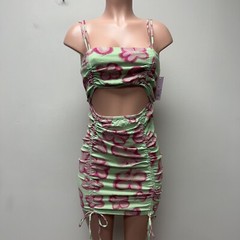 Wild Fable Womens Sleeveless Cut Out Ruched Front Bodycon Dress Green Pink M NEW