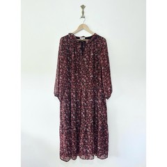 Albaray Burgundy Black Chiffon Floral Midi Dress Size 12 Tiered Balloon Sleeve