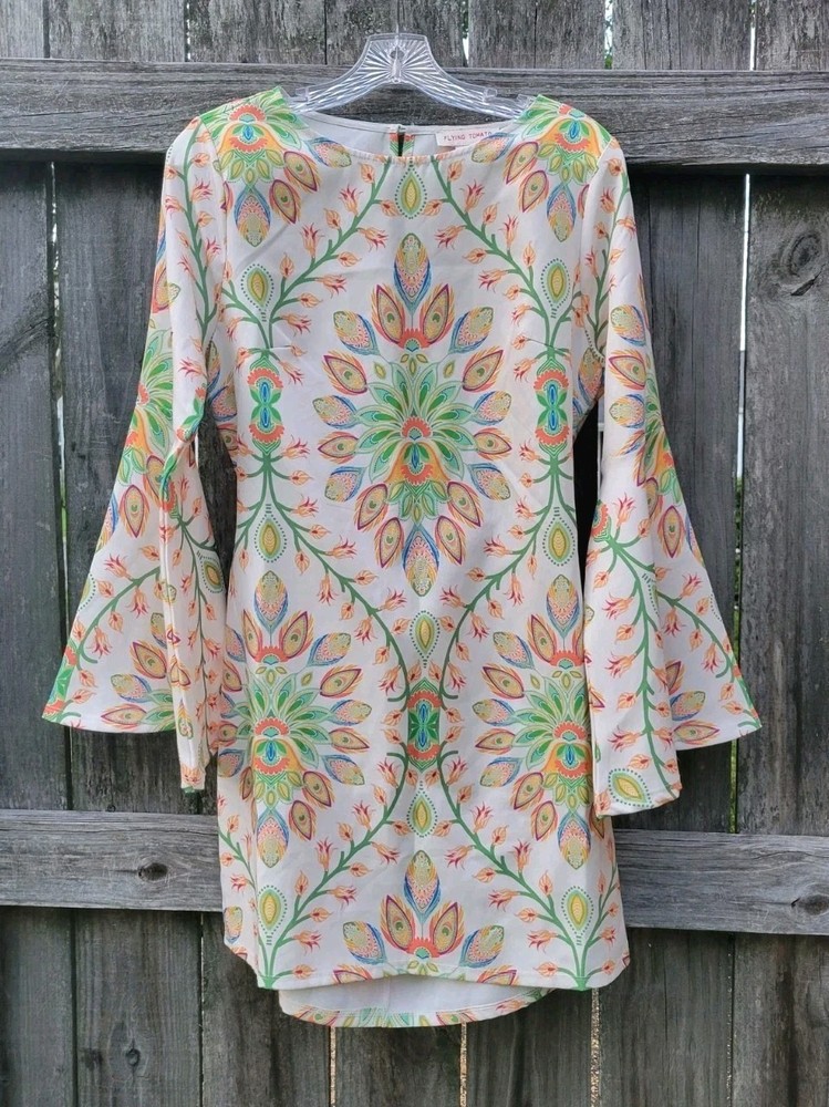 Flying Tomato Bell Sleeve Mini Dress Cut Out Cream Orange Green Paisley Sz L