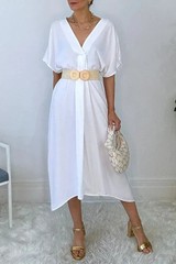 HYFVE Long White Kaftan Summer Beach Short Sleeve V-neck Cover Up Dress (Large)