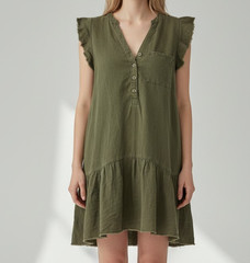 Miou Muse Dress Womens M Ruffle Sleeveless Fringe Hem Twill Olive Green Boho