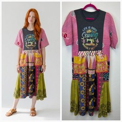Patchwork Boho Hippie Midi Dress Size S Sewing Seamstress Quilter Crafter Pocket