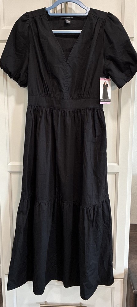 NWT French Connection Black Poplin Puff Sleeve Maxi Dress V-Neck Tiered Size S