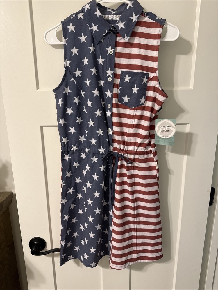 Magellan Outdoors Dress Women’s XS Flag USA Red White Blue Classic Fit UPF New